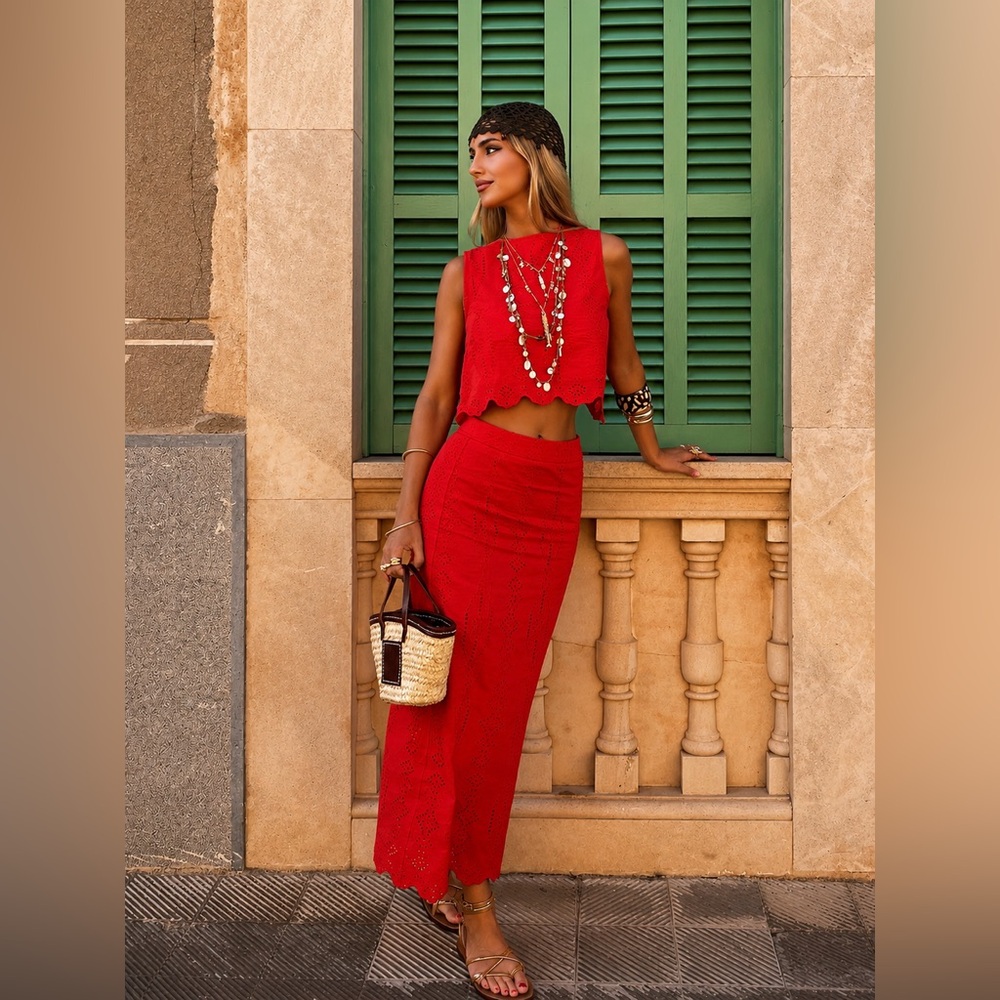 Commense Maxi Skirt Set with Scalloped Top